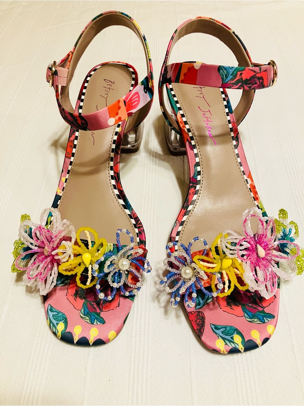 Betsey Johnson Cinthia Clear Block Heel Beaded Floral Sandal Pink Size 9.5